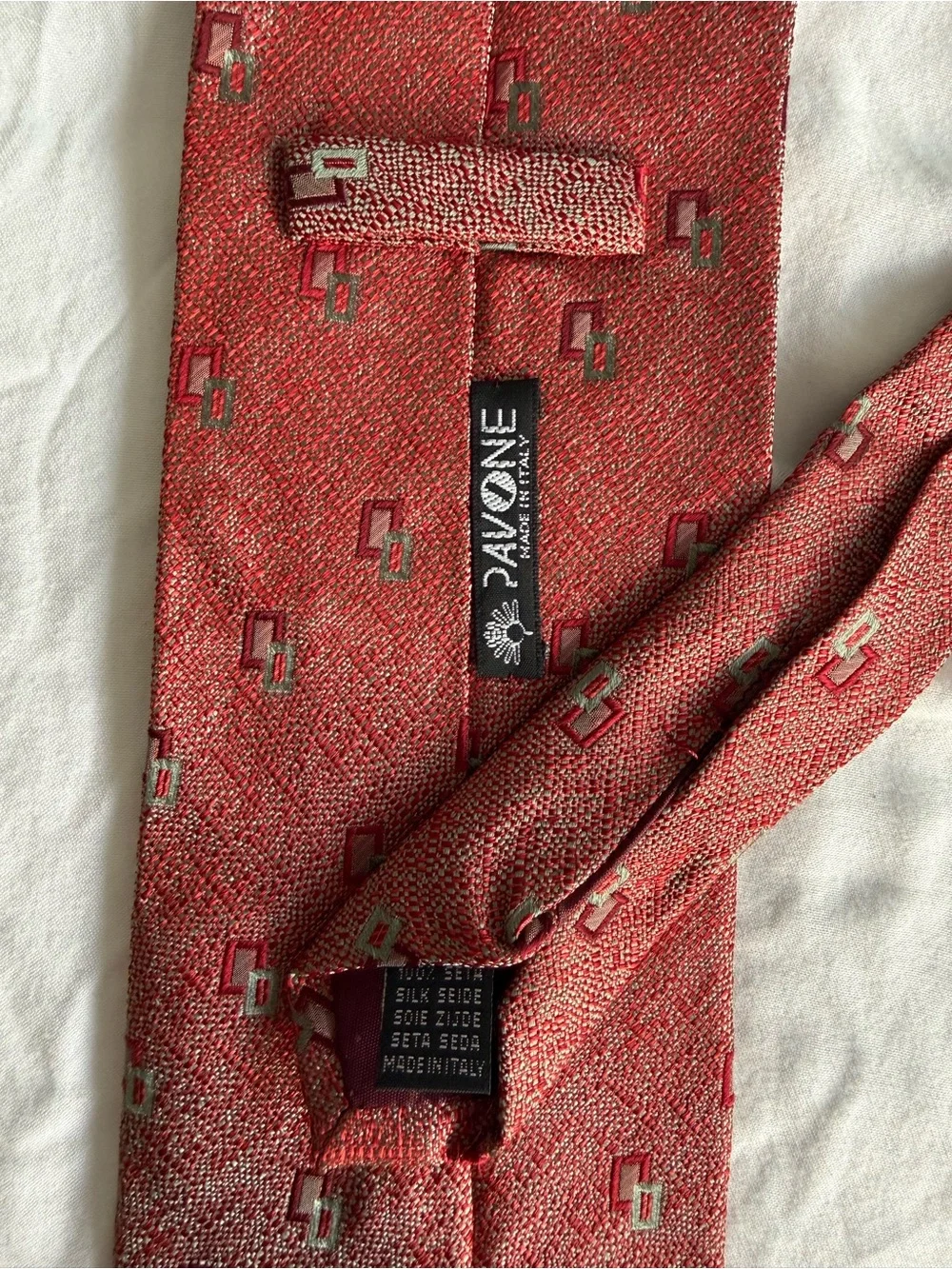 PAVONE Luxury Silk Tie Red Woven Micro-Texture Geometric Italian 3.75” x 58”